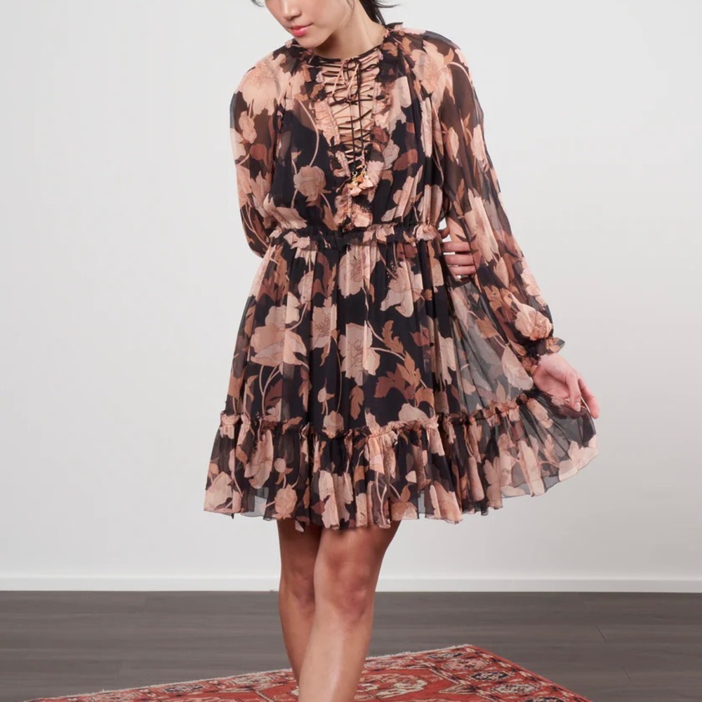 NWT zimmermann concert lace-up mini dress - black peonies